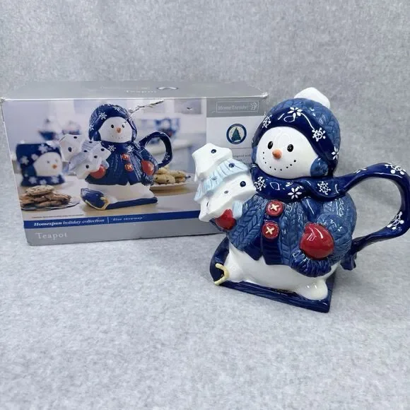 Homespun Holiday Collection Blue Snowman Four Cup Teapot Christmas Holidays - Picture 1 of 14